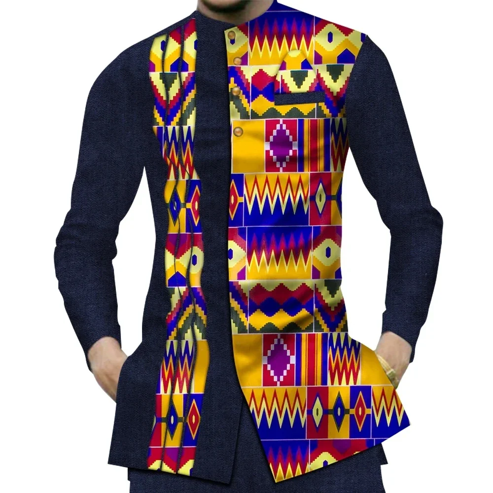 Casual 100% Cotton Mens African Clothing Dashiki Patchwork Print Shirt Tops Bazin Riche Traditional African Clothes WYN380