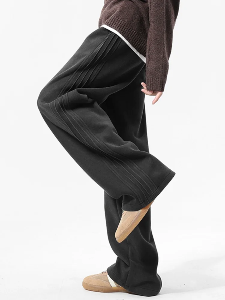 

Washed Fleece Lined Casual Pants Men's Winter Thick American Style Heavyweight Loose Straight Leg Stripe Sports Trousers