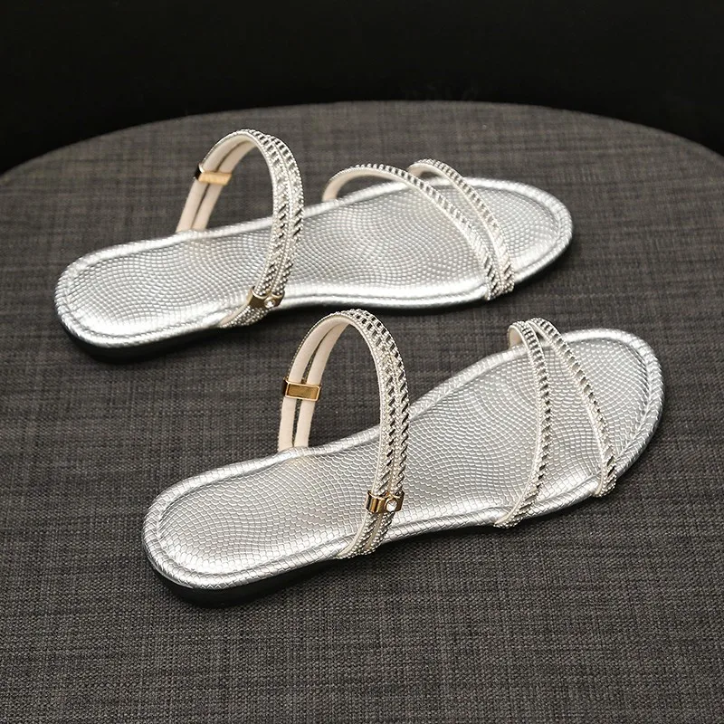 

Women's Flat Slippers Rhinestones Soft Sole One Kick Women's Sandals Dress Beach New Summer Two-wear Fashion Sandalias De Mujer