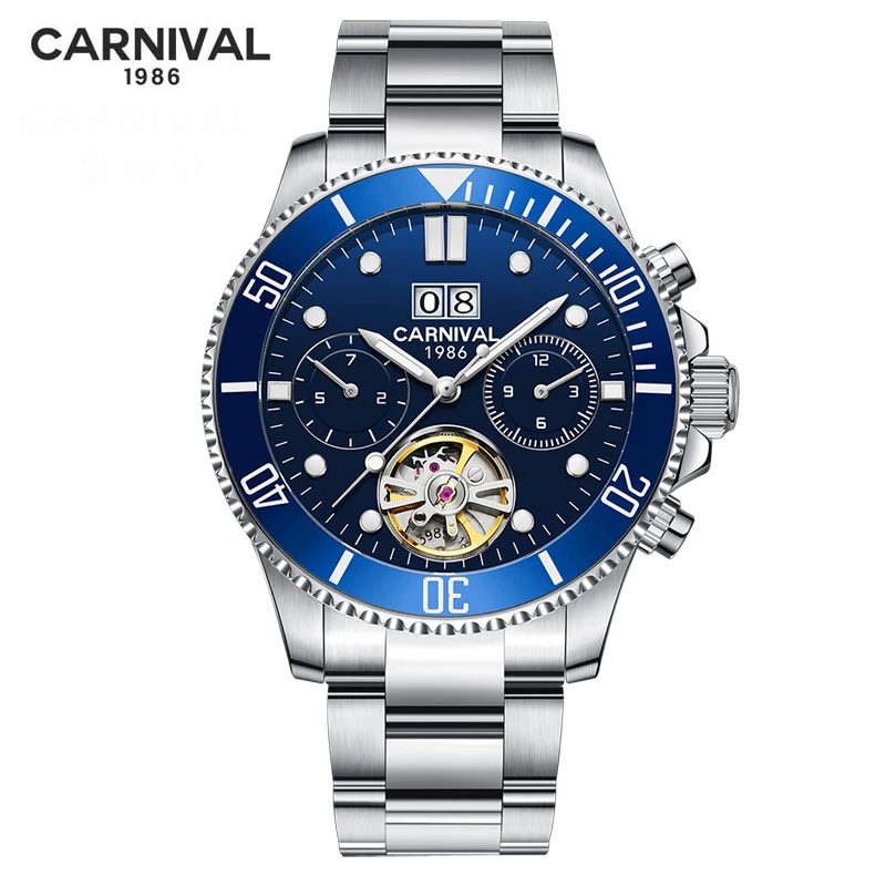 Carnival Brand Fashion Automatic Tourbillon Watch Stainless Steel Strap Waterproof Date Luxury Mechanical Watch for Men Reloj