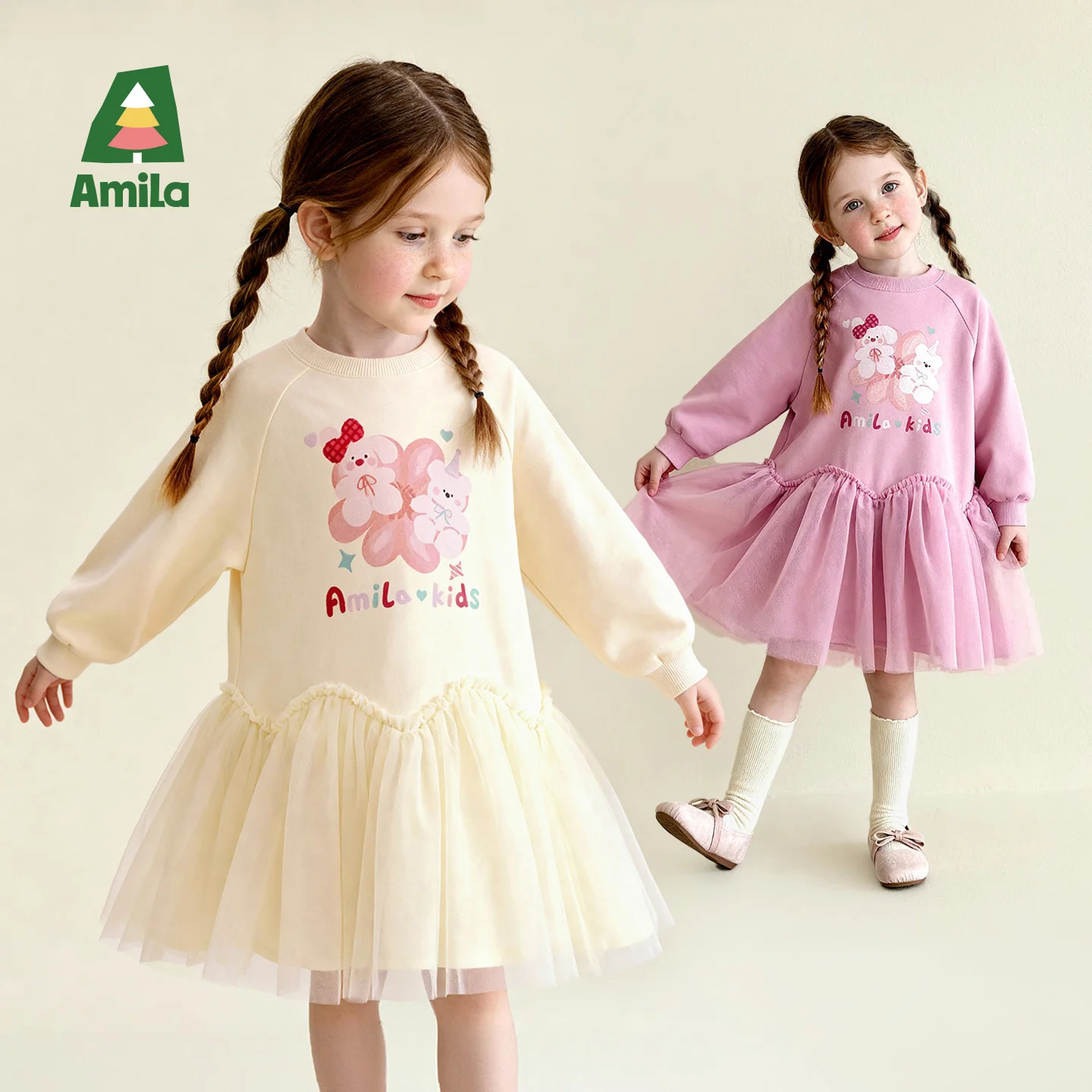 amila-spring-girls'-dress-with-mesh-skirt-and-fun-printed-patterns-sweet-and-cute-daily-fashion-versatile-children's-clothing