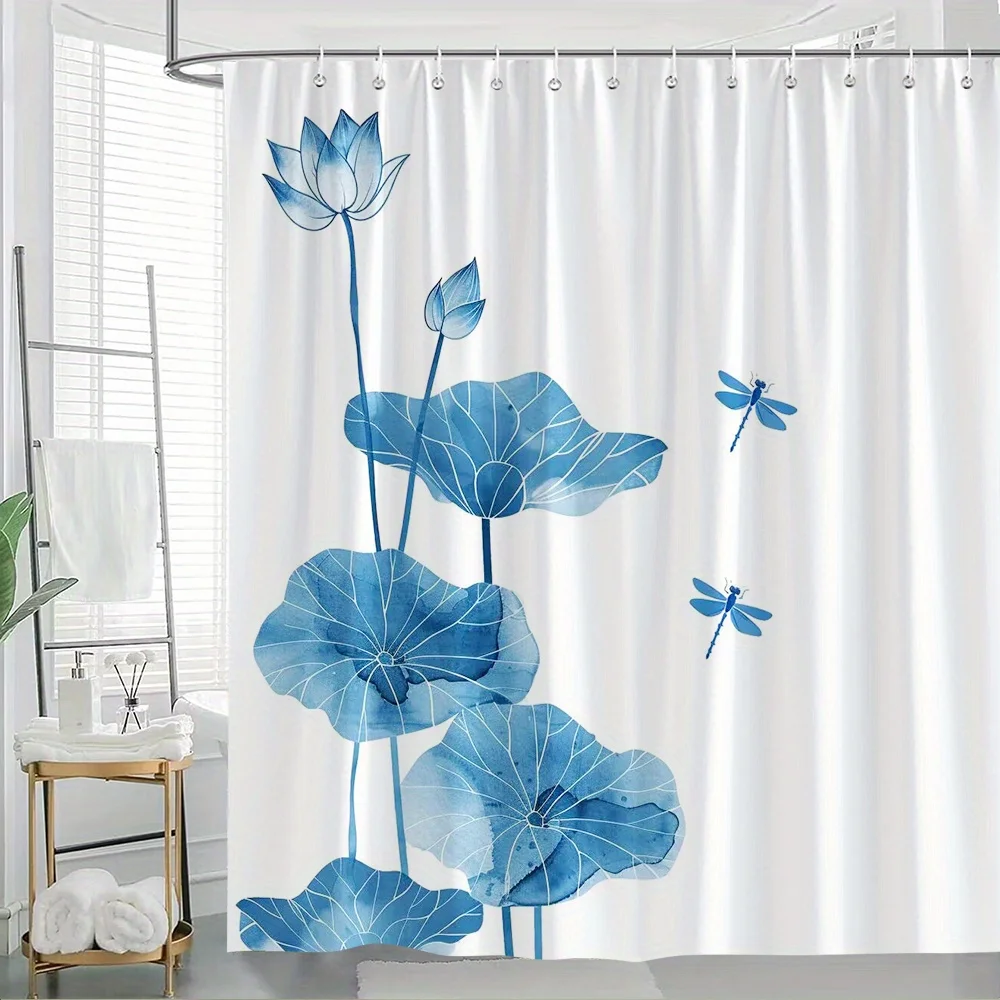 

1 шт. большая синяя занавеска для душа «Лотос и стрекозы» — элегантная перегородка для окна в ванной комнате с 12 крючками, высококачественный полиэстер