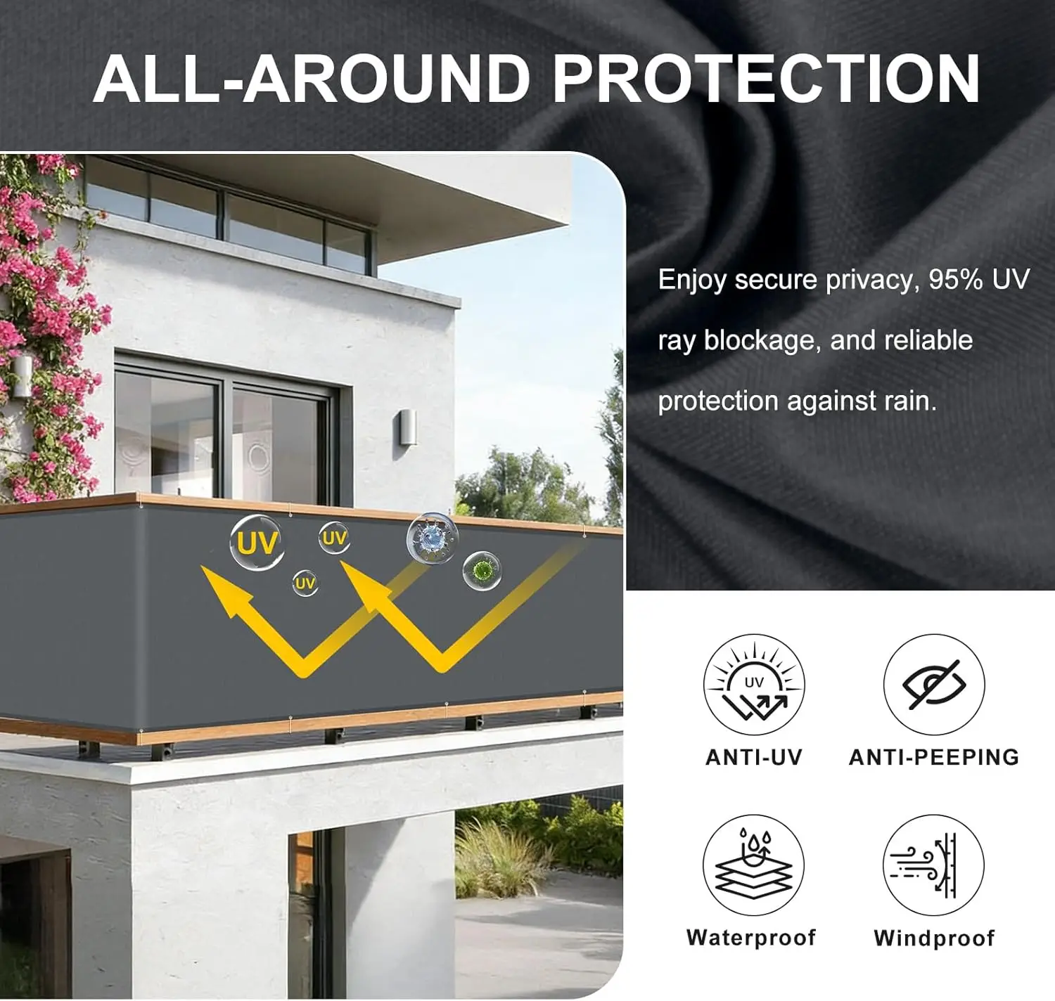 Balcony Privacy Screen Waterproof Balcony Railing Cover Dividing & Protective Screens UV Protection for Apartment Outdoor Garden