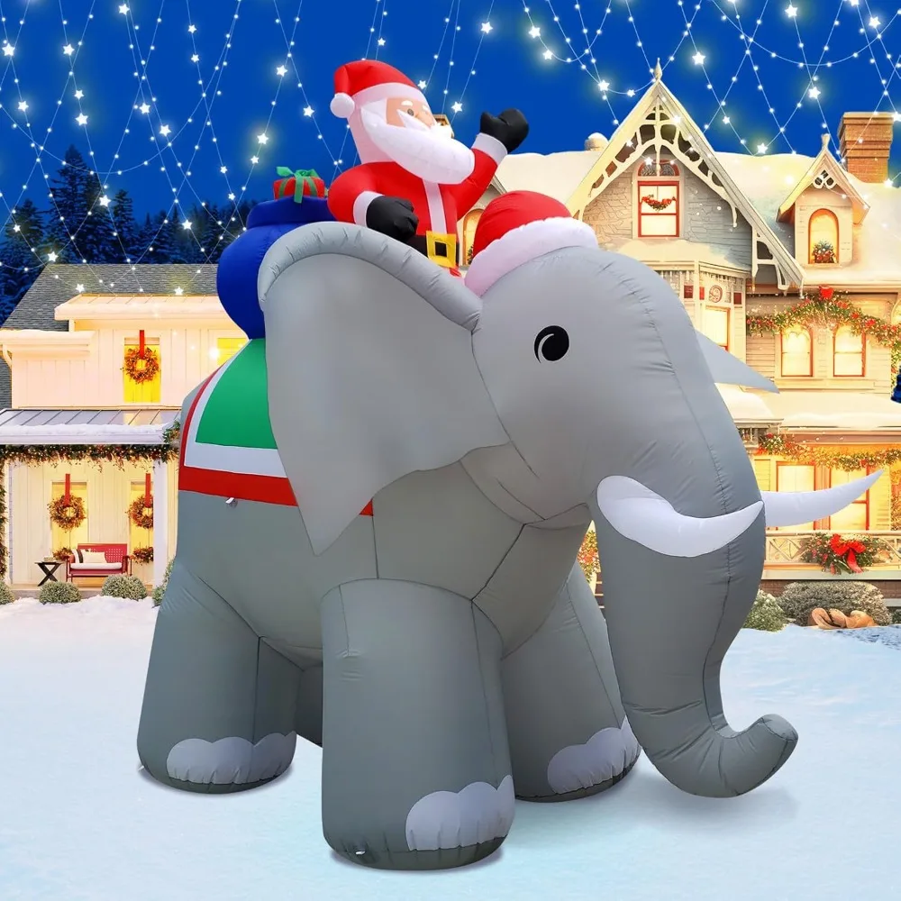 

12FT Christmas Inflatables Santa Ride Huge Elephant Decoration, Inflatable Elephant Built-in 7 LED for Christmas Decoration Home