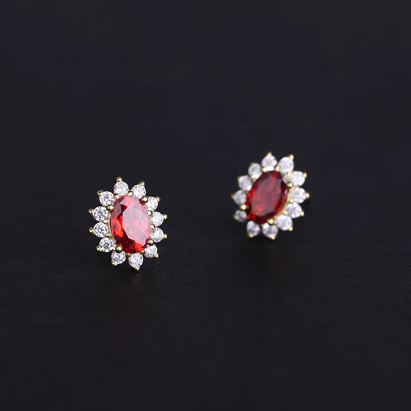 Metiseko 925 Sterling Silver 18K Gold Plated Ruby Color Stud Earrings Garnet Red Cubic Zirconia Retro Elegant Earrings for Women