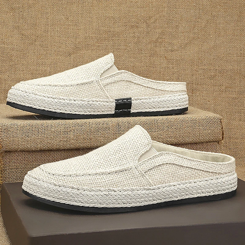 2025 Flax Open Back Casual Shoes Half Shoes For Men Mules Backless Flat Board Shoes Platform Loafers Slipper Man Slides Sandals
