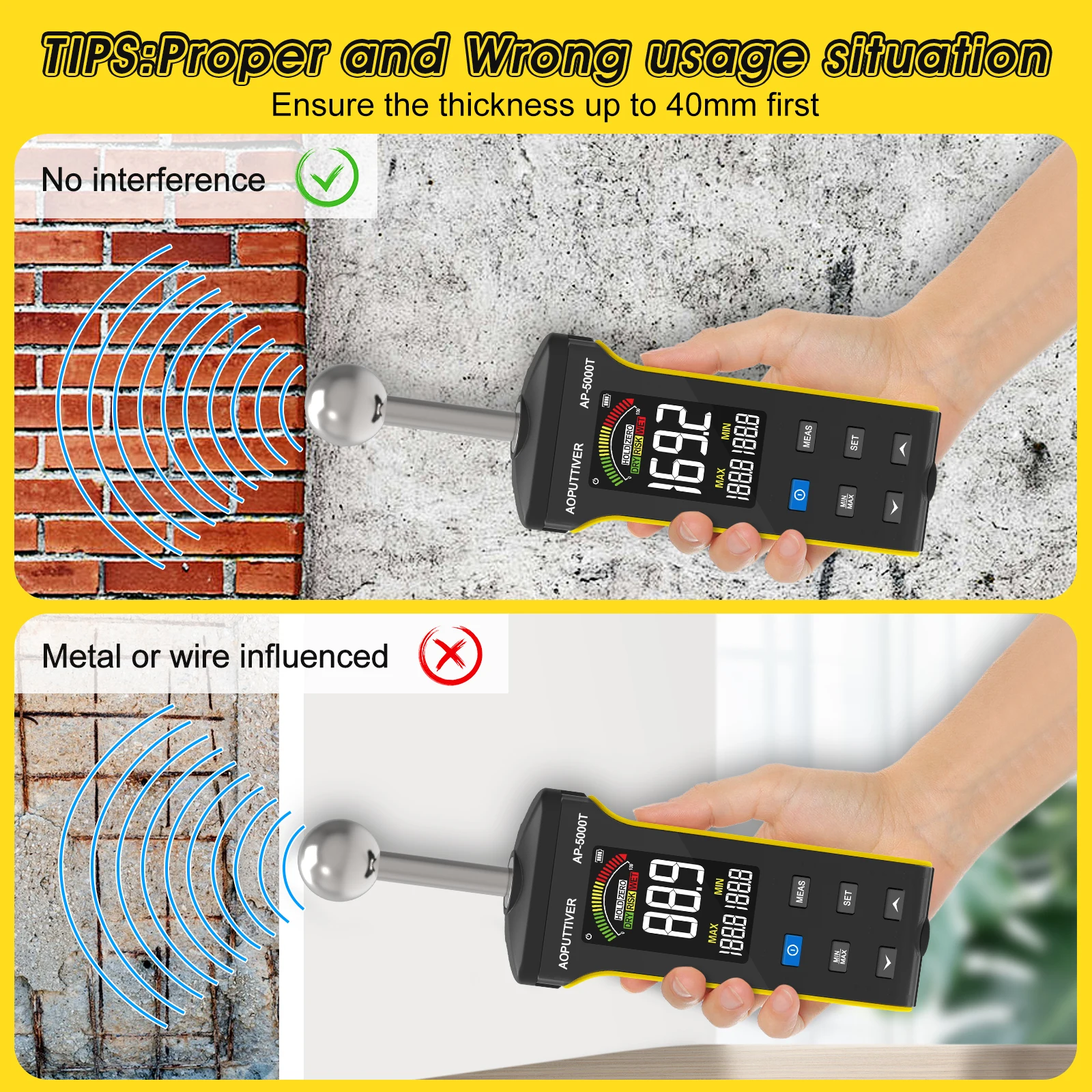 Pinless Moisture Meter Wood Drywall, Inductive Moisture Detector with Alarm, Non-Destructive Moisture Level Detector BT-5000T