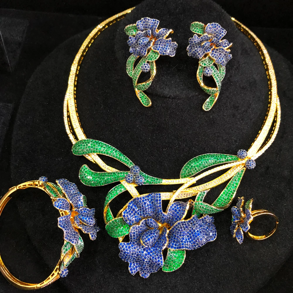 GODKI Trendy 4PCS Luxury Green Flower Statement Jewelry Set For Women Wedding Cubic Zircon Indian African Dubai Bridal Necklace