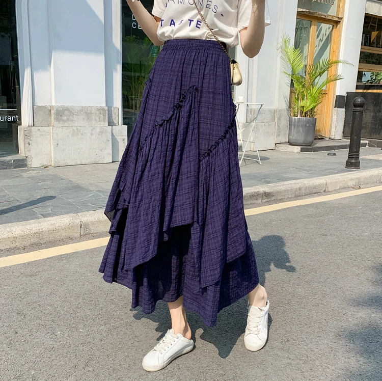 2024 Summer Retro Plaid Long Women New High Waist Slim Casual Simple Contrast Color Irregular Big Swing Skirt Free Shipping