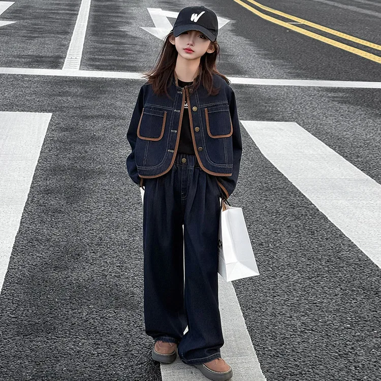 

Girls Set 2026 Spring New Korean Version Contrasting Denim Jacket Wide Leg Pants Casual Fashionable and Stylish Daily Wear