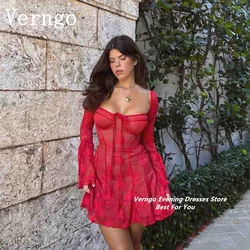 Verngo Red Lace Flare Sleeves High Waist Mini Prom Gown Square Collar Low Cut Backless Party Dress Pleated 2024 Sexy Club Robes