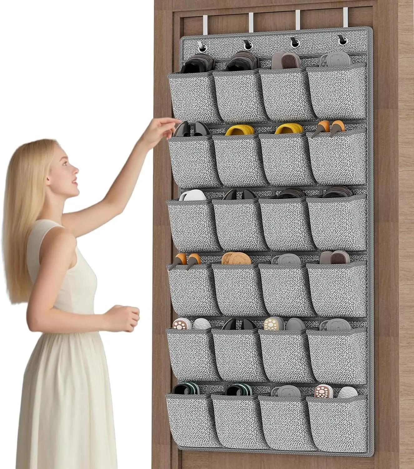 

24 Pocket Over Door Shoe Organizer, Hanging Storage for Sneakers, Heels, Slippers, Grey 61.4x22 in