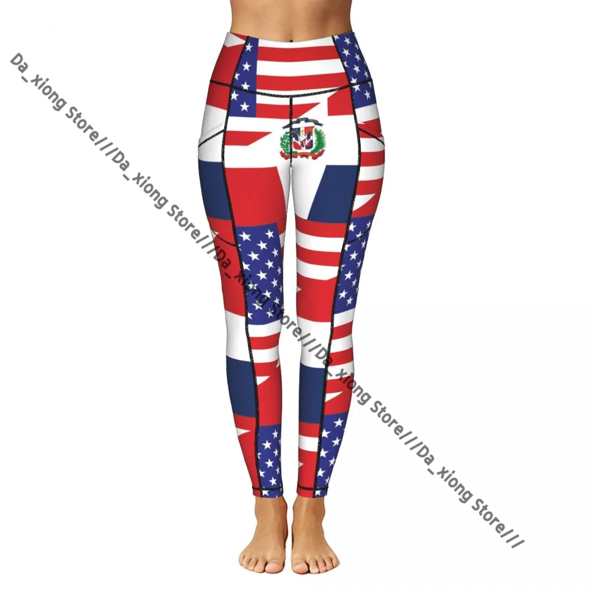 High Waist Hip Lift Yoga Pants Women With Pockets US Flag And Dominican Republic Flag Gym Wear
