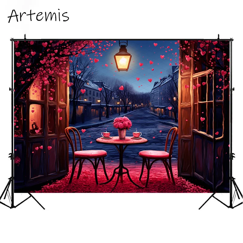 Valentine's Day Backdrop Cafe Painting Scenery Romantic Chalk Art Love Pink Children's Birthday Portrait Background Photo Studio