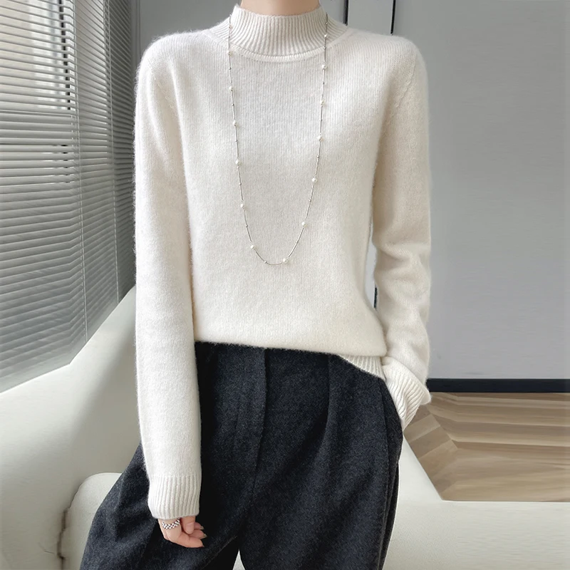 100% Merino Wool Sweater Women's Fall/Winter Half-neck Pullover Loose Knitted Bottom Shirt Long Sleeve Thickened Cashmere Top