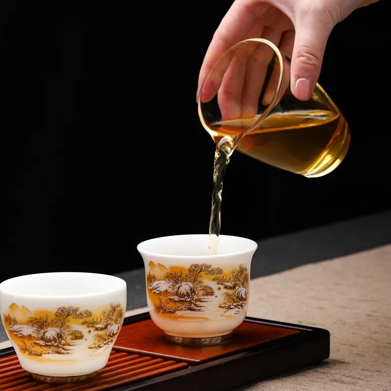 Blanc De Chine White Jade Master Cup Wind Flower Snow Moon Gold Tea Cup Household Tea Set Business Gift Gift Gift