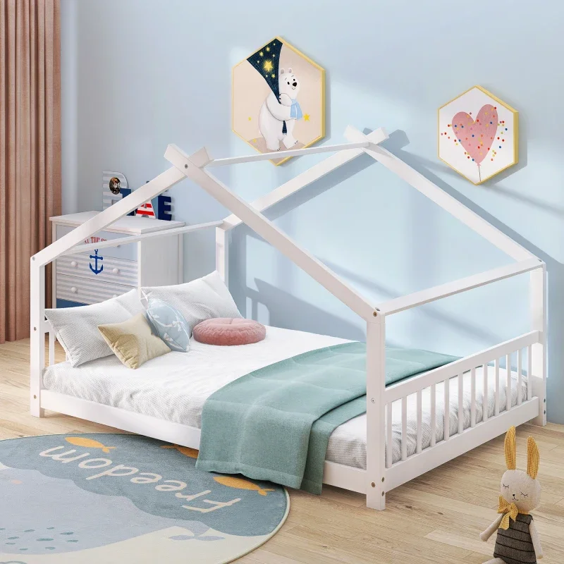 Full size House bed wood bed, White