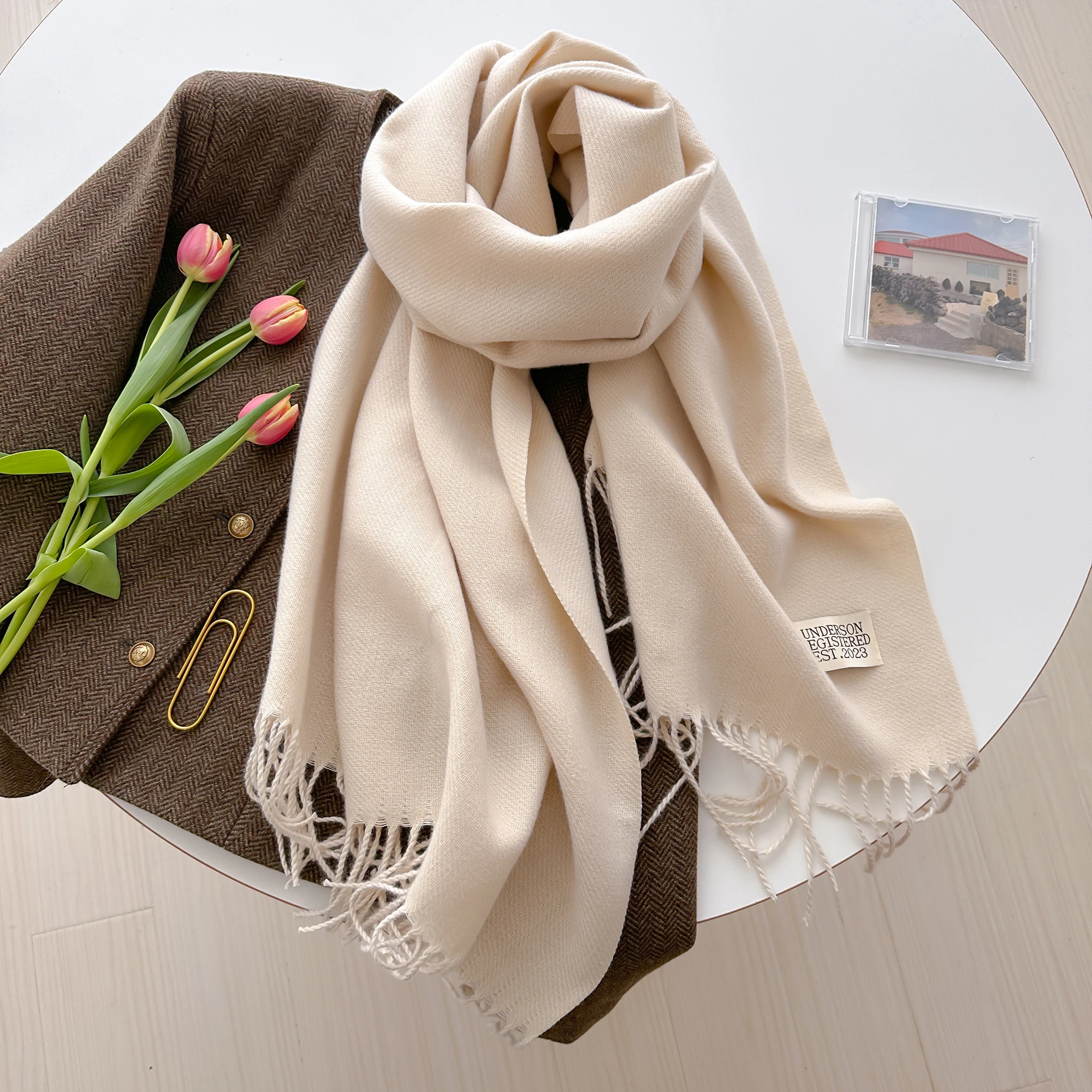 Fashion Korean Style Casual Solid Color 2023 Cashmere Like  Warm Winter Scarf for Women Double Side Neckerchief Shawl Wraps Blan