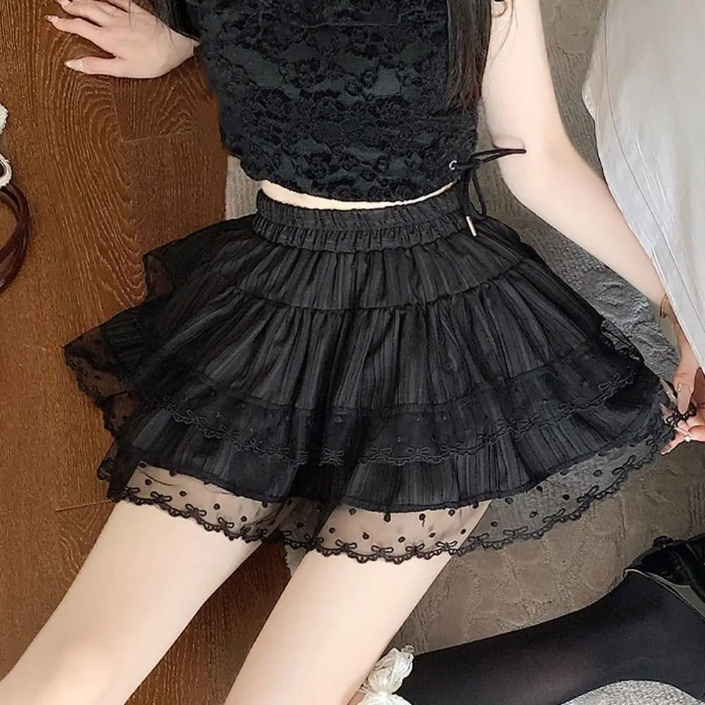 

Cute Dots Puffy Cake Skirt Women Sweet Textured Lace Bowknot Short Skirt Ruffle with Safty Pant A-Line Short Skirt Party
