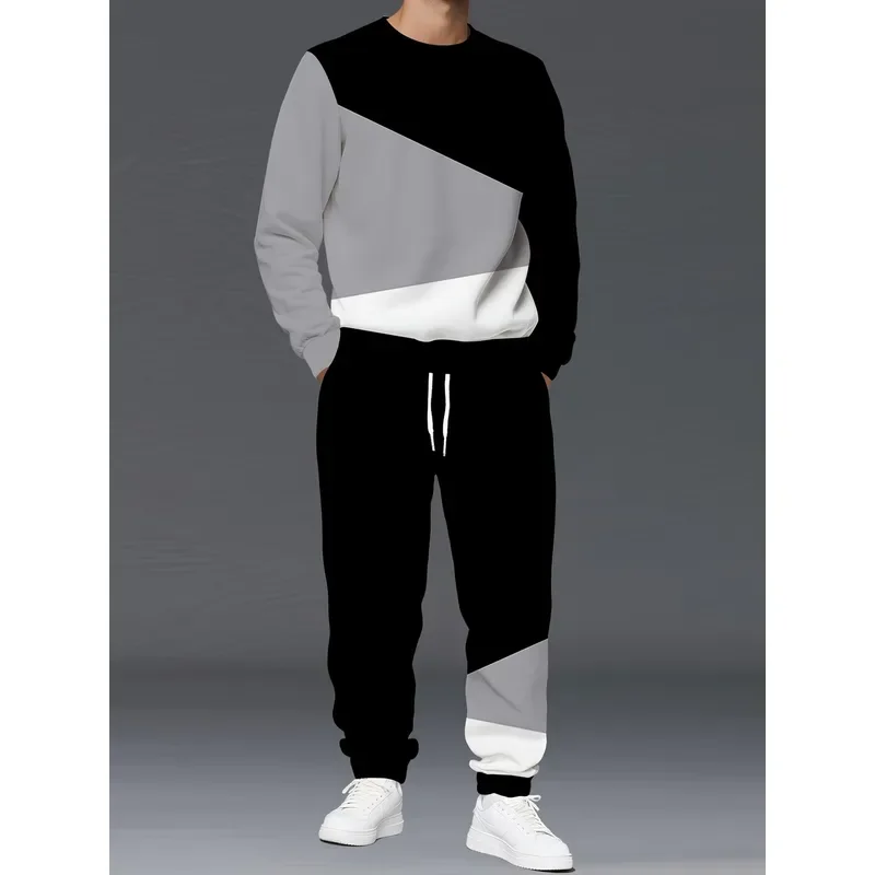 Men Round Neck Sweater Set 3D Pattern Printed American Street Casual Fashionable Autumn Winter New Long Sleeve Top and Pants