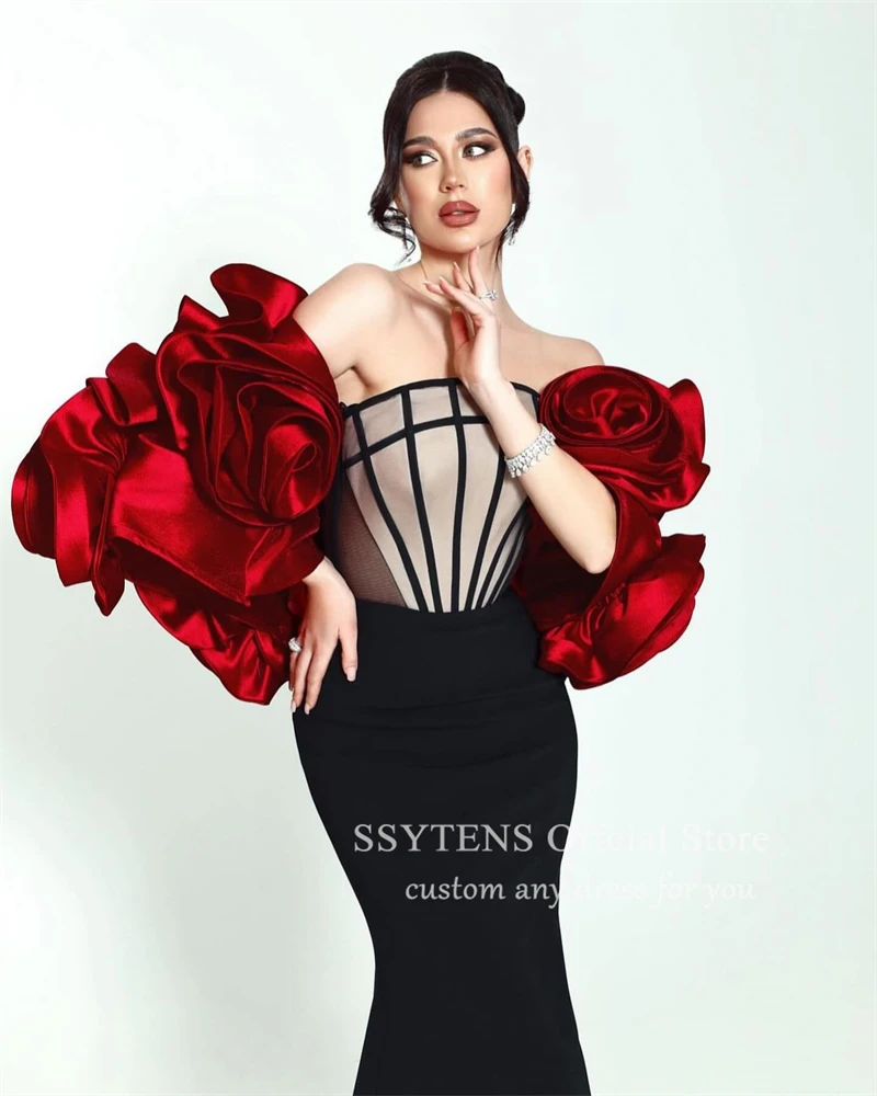 SSYTENS Luxury Red 3D Flowers Formal Occasion Dresses 2024 Mermaid Strapless Sexy Pleated Party Prom Evening Gown فساتين الحفلات