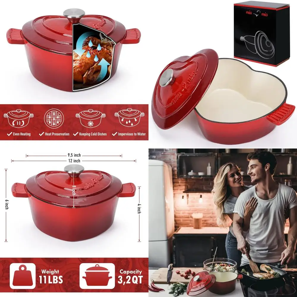 

Heart-Shaped Non-Stick Enamel Cast Iron Dutch Oven, 3.2 Quart, 10 Inch, Suitable for All Heat Types and Oven Use