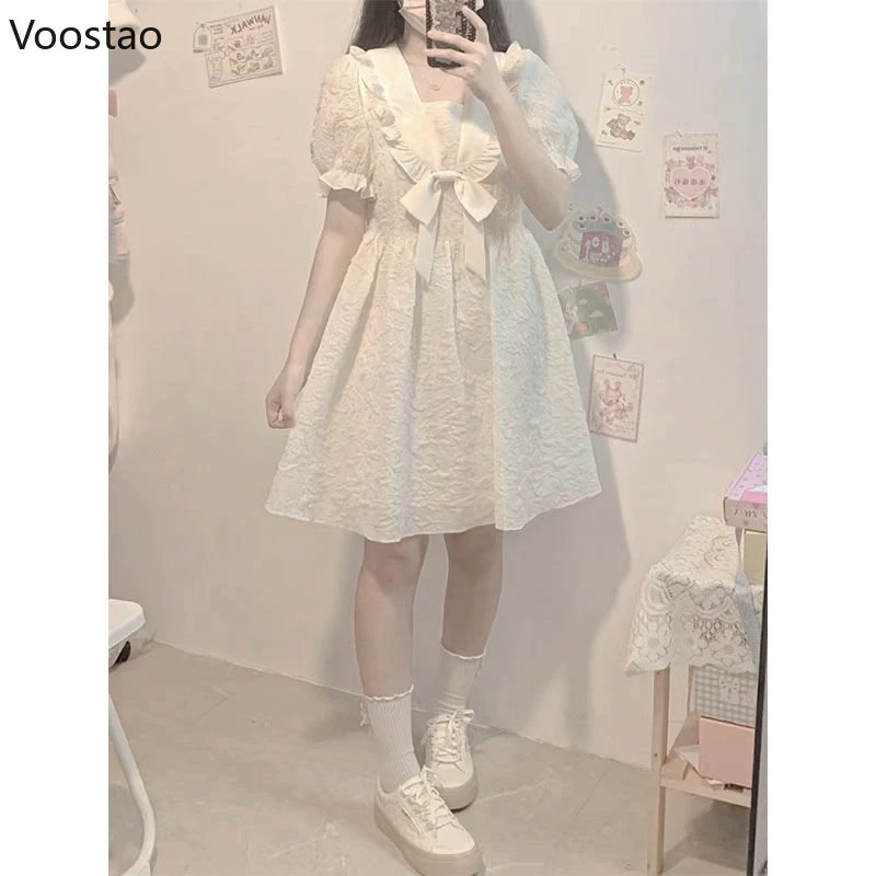 Japanische Süße Lolita Kleid Frauen Nette Puff Sleeve Kawaii Prinzessin Kleider Mädchen Student Sommer Bogen Salior Kragen Mini Vestidos