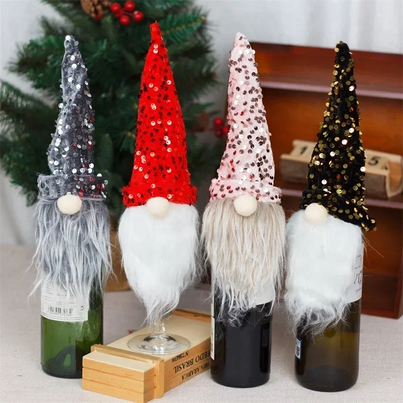 Christmas Wine Bottle Covers Glitter Gnome Wine Bottle Toppers Table Decorations For Winter Hot Sale