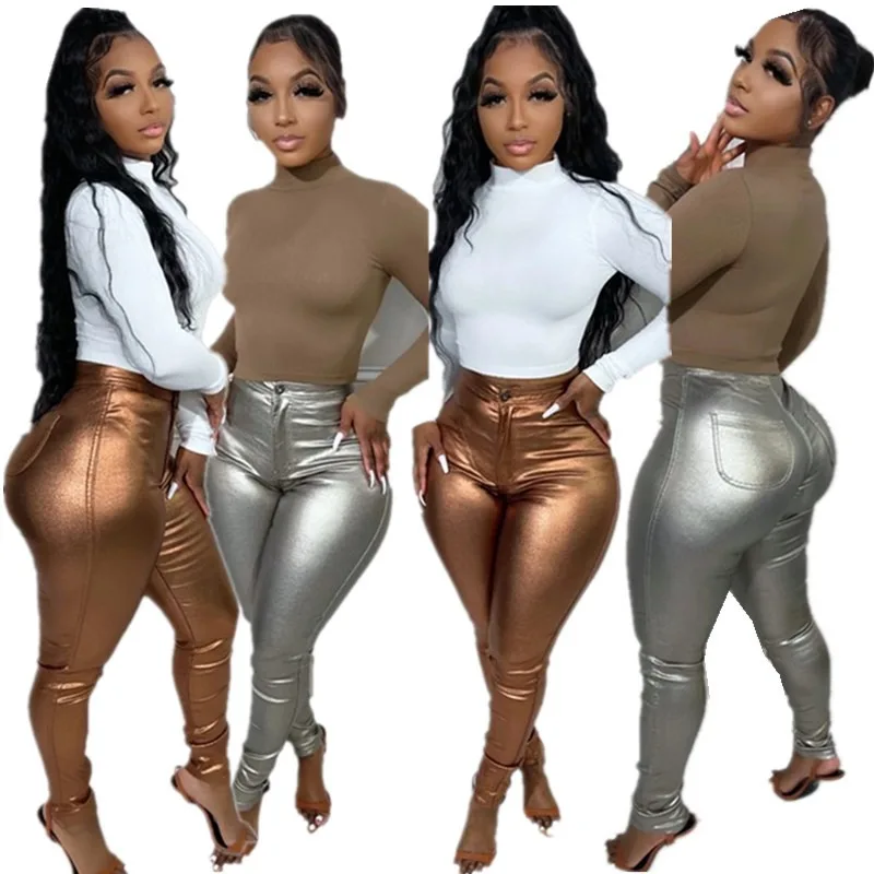 Y2k Metallic Pu Leder Bleistift hose Frauen Mode Knopf fliegen hohe Taille Hipster schlanke dünne Hose alle passen lässige Hosen