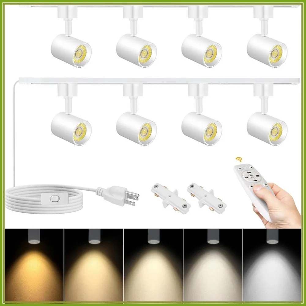 Plug in Track Lighting with Remote, 8-Light LED Track Kit with H Track Rails, Dimmable Ceiling Spotlight, White