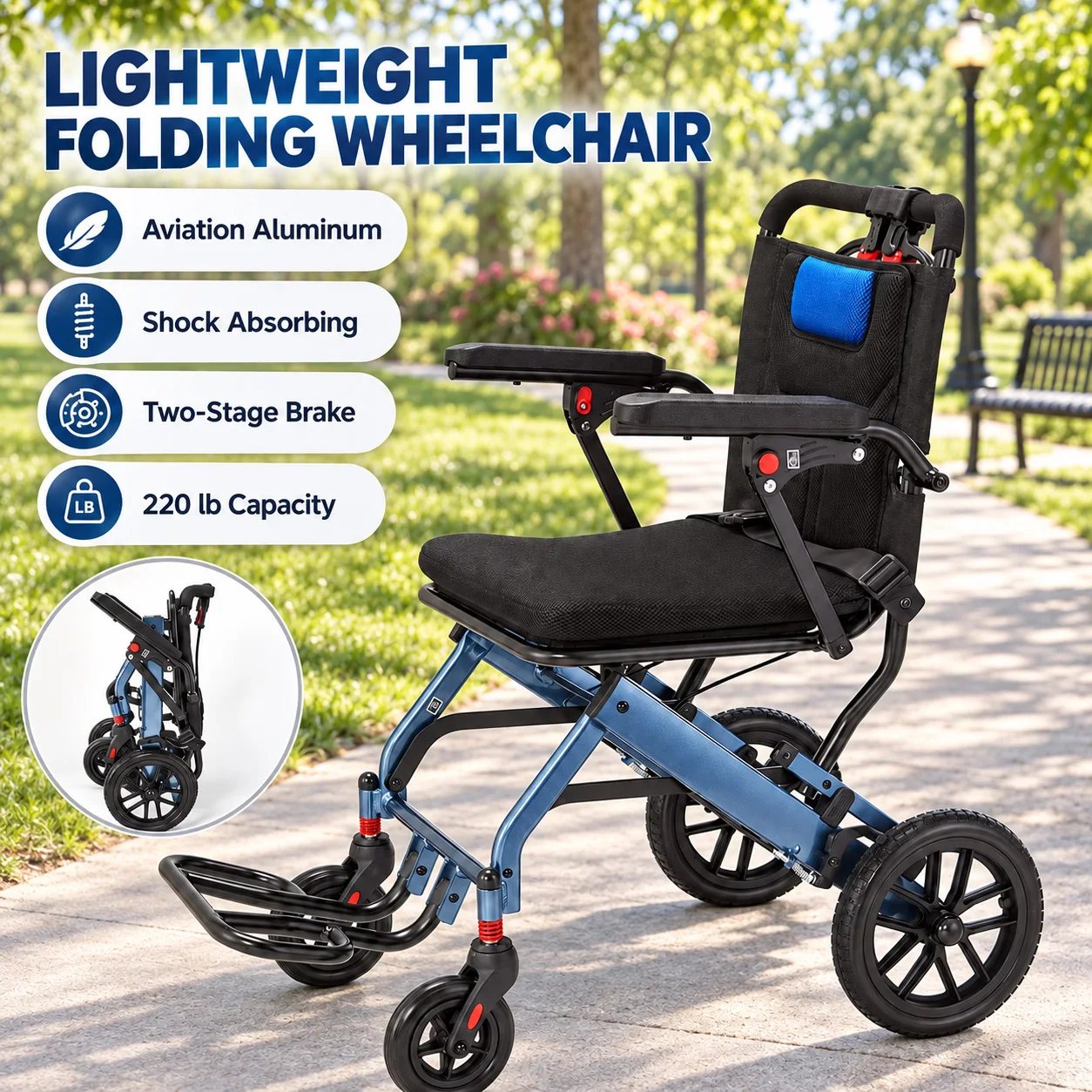 Lightweight Folding Transport Wheelchair with Aviation Aluminum Wide Frame, 10 Inch Shock-Absorbing Rear Wheels, Two-Stage Brake, 220 lb Capacity, Navy Blue