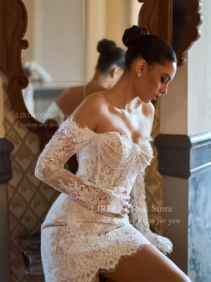 LIRIA Customized White Off the Shoulder Wedding Dresses Pearls Lace Long Sleeve Backless Bridal Gowns Flower Mini Wedding Gowns view 2