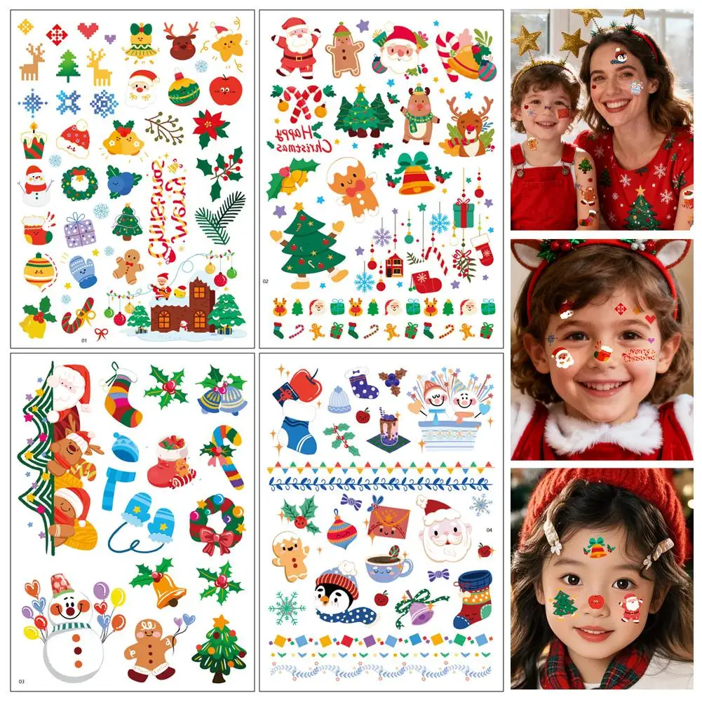 4 أوراق ملصقات وشم كرتونية أوروبية وأمريكية لعيد الميلاد للأطفال، سانتا كلوز لطيفة، حفلة الرنة والعطلات A4U6 #2