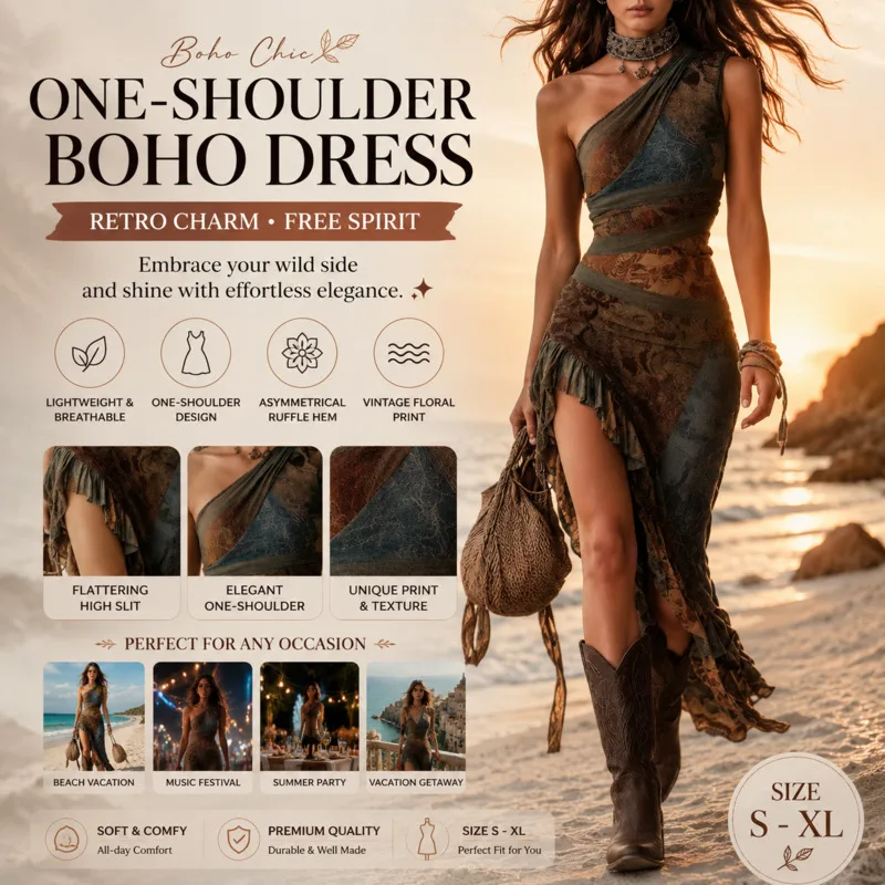 

2026 Floral Maxi Dresses Women One Shoulder Ruffle Hem Patchwork Dresses Elegant Summer Vacation A-line Beach Long Dresses New