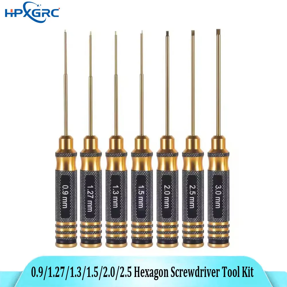 

7PCS Gold Round Handle and Titanium Hexagonal Inner Corner Steel Hex Screwdriver Set 0.9/1.27/1.3/1.5/2.0/2.5 for RC Car Drone