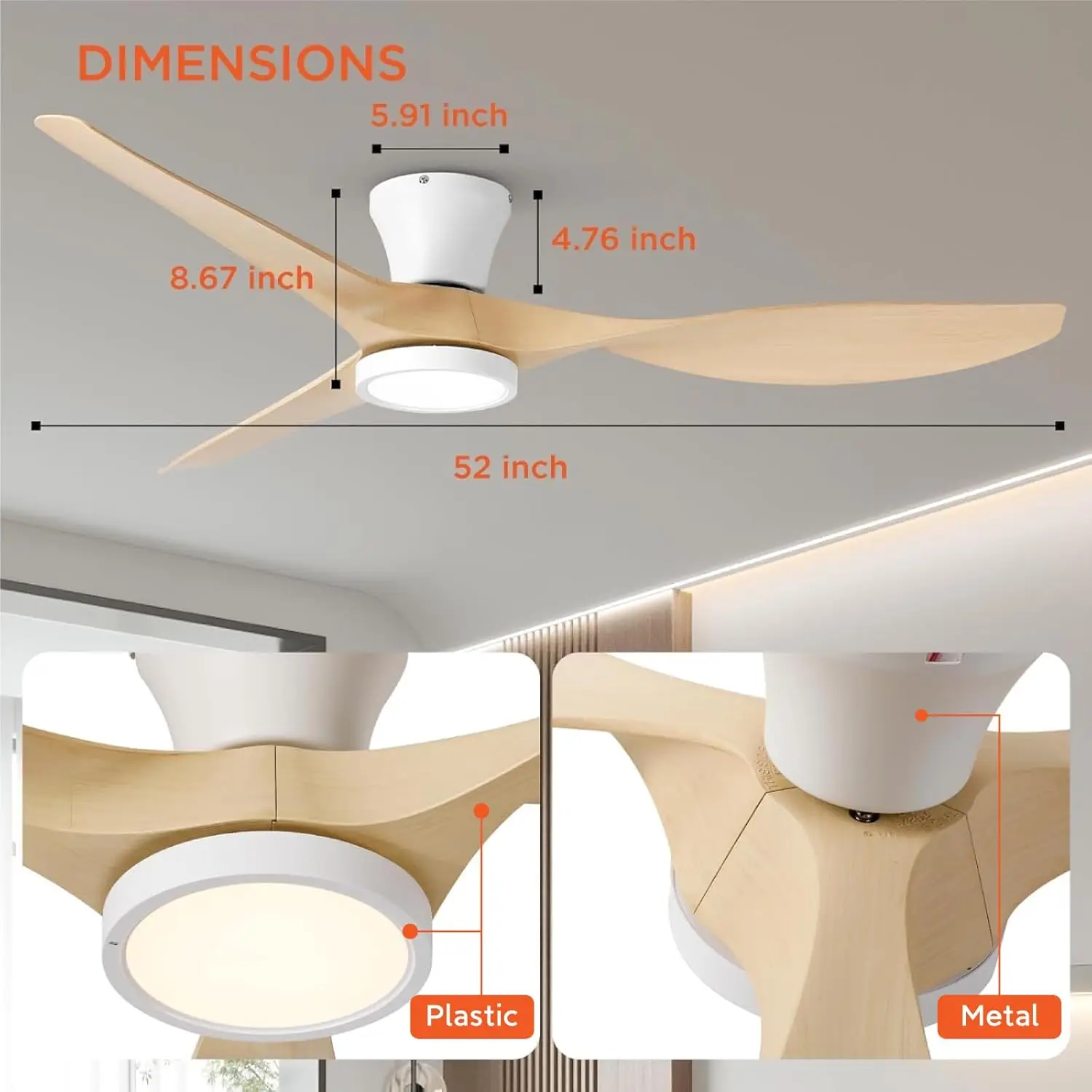 Taloya-ventiladores de teto com luzes e controle remoto, montagem nivelada, baixo perfil, motor DC reversível para quarto, 52 in