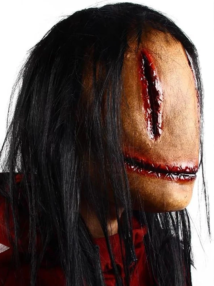 Maschera da festa in maschera horror di Halloween Maschera da festa insanguinata realistica horror smiley Cosplay Maschera pullover in lattice complicata con oggetti di scena per costumi per capelli