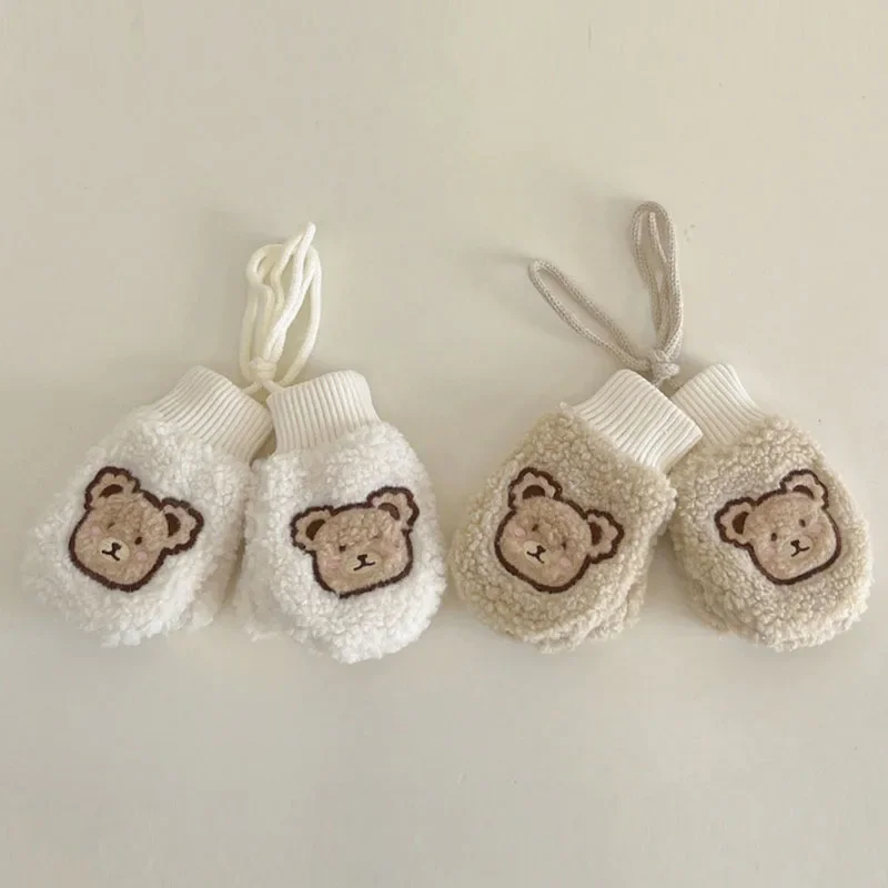 Cartoon Bear Children Halterneck Mitten Baby Winter Hand Warmer Kids Soft Lamb Fleece Finger Gloves Boy Girl Thick Plush Glove