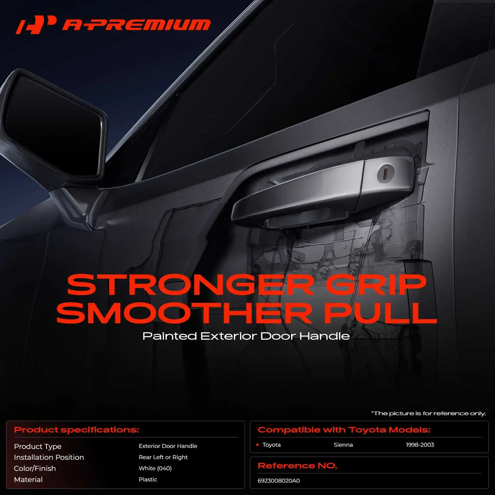 A-Premium Rear Driver or Passenger Side Painted 040 White Exterior Door Handle for Toyota Sienna 1998-2003