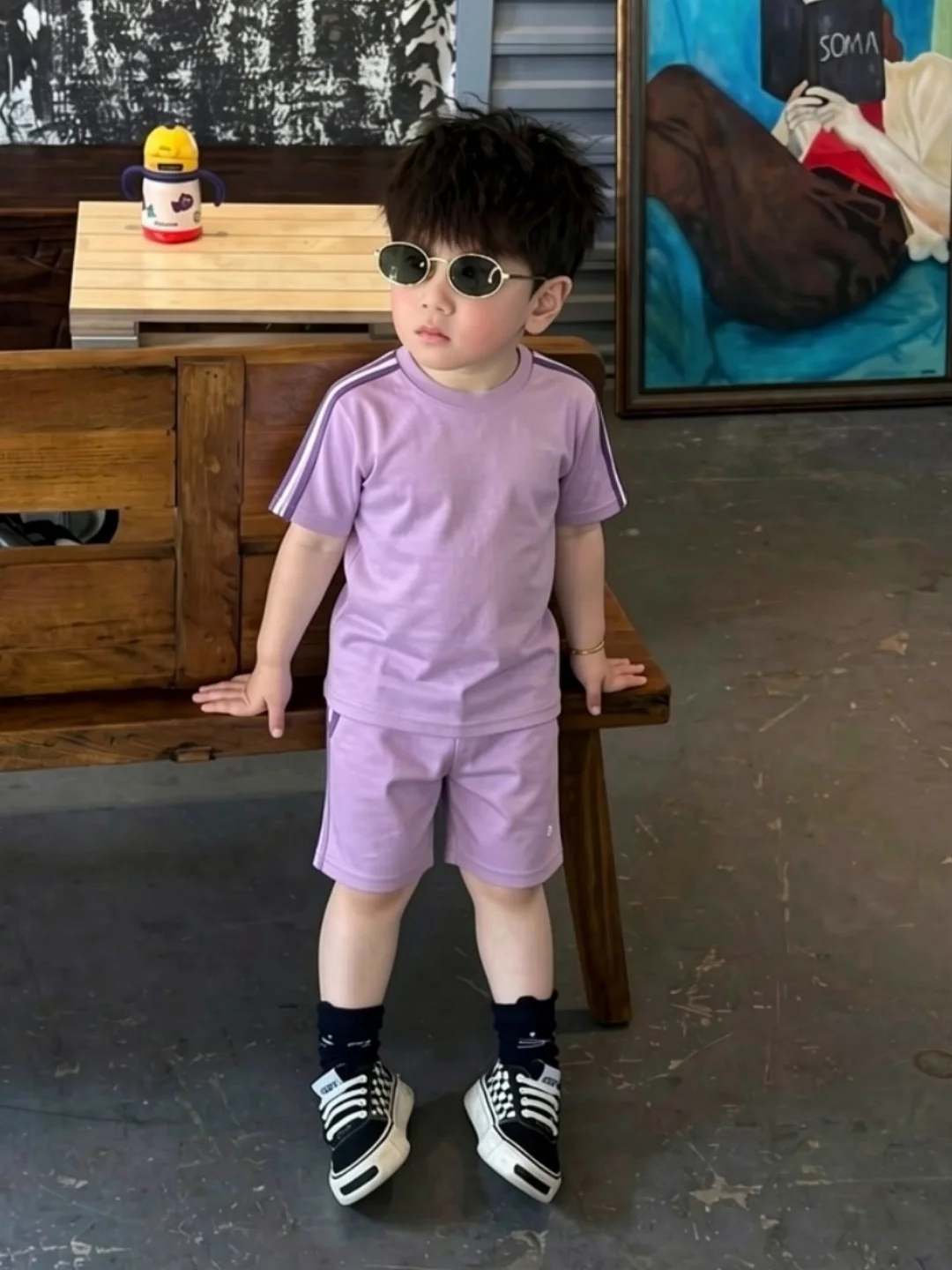 korean-style-boys'-clothing-set-pure-cotton-purple-t-shirt-and-shorts-summer-new-arrival-trendy-and-handsome-child-outfit