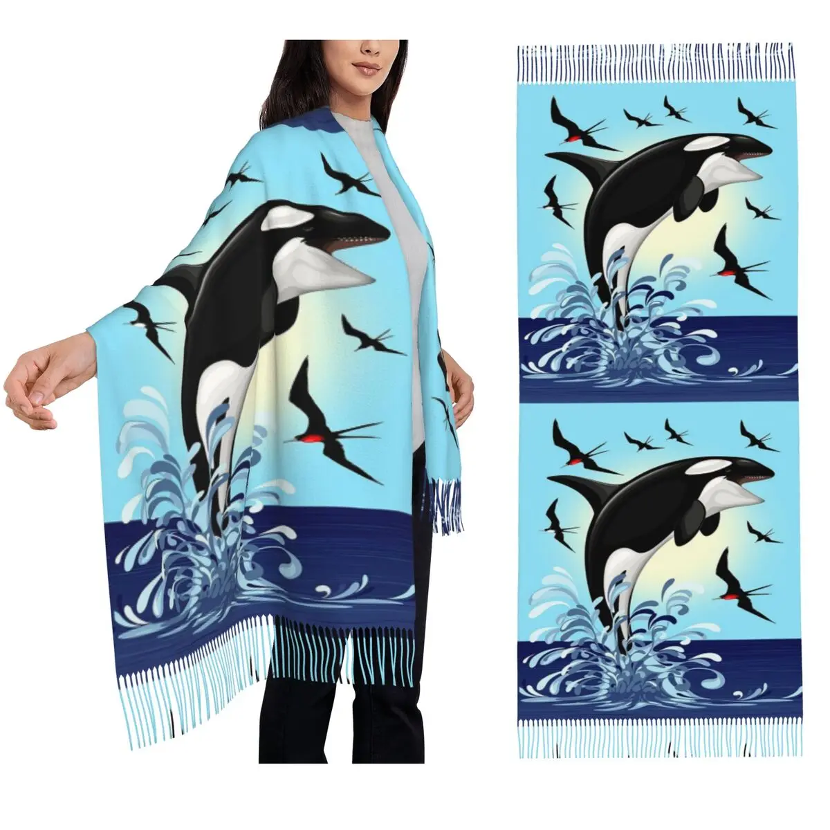 

Orca Killer Whale Jumping Out The Ocean Шарф Шарфы с кисточками для женщин Мягкие теплые шали и накидки Большая осенне-зимняя шаль