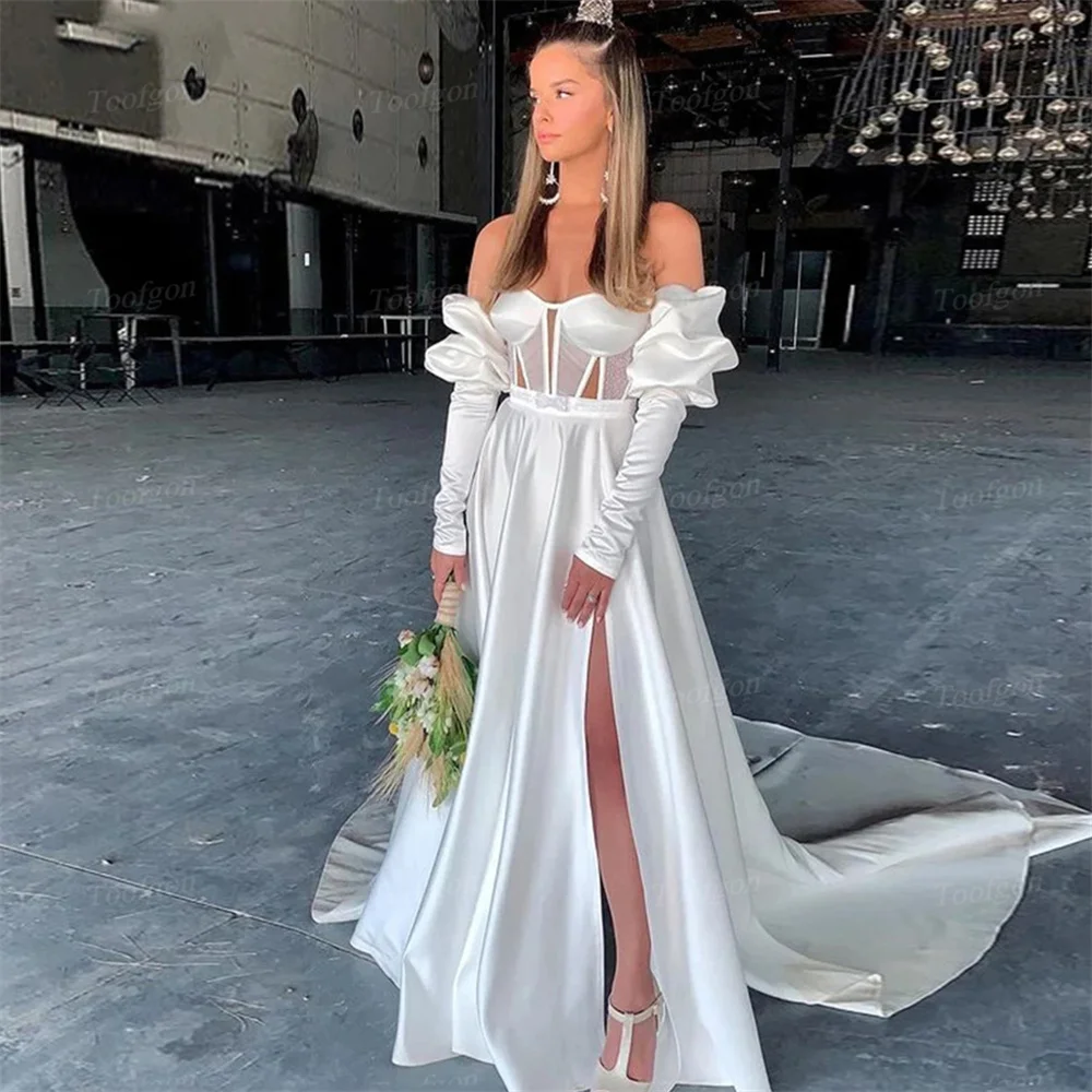 TOOFGON-Robe de Mariée en Satin Ligne A avec Poignées Amovibles, Longue Traîne, Sexy, Fente Haute, Patients Formels, Quelle que soit la Gracieuse Femme