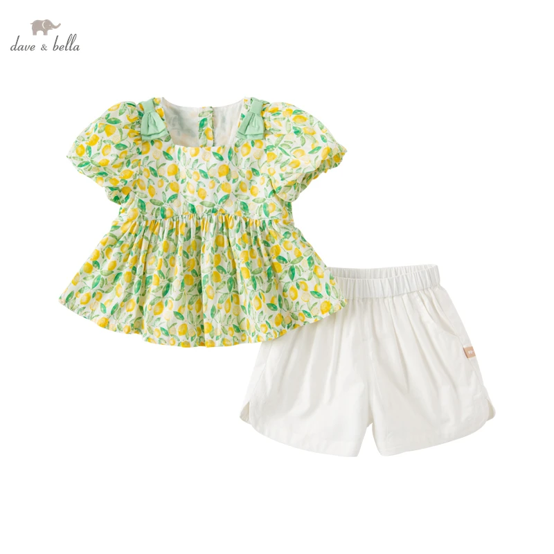 Dave Bella Summer New Lemon Print Yellow Top Green Bow White Pants Girls Suit DB2234903