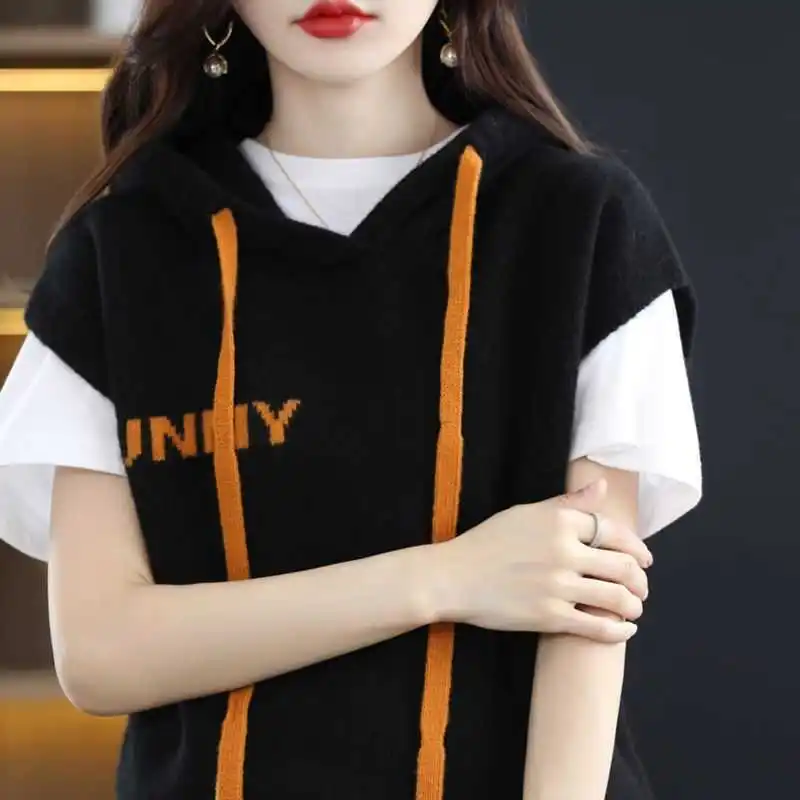 Винтажный жилет без рукавов с капюшоном, осень-зима, вязаный универсальный уличный повседневный пуловер с надписью, модная женская одежда в стиле Харадзюку