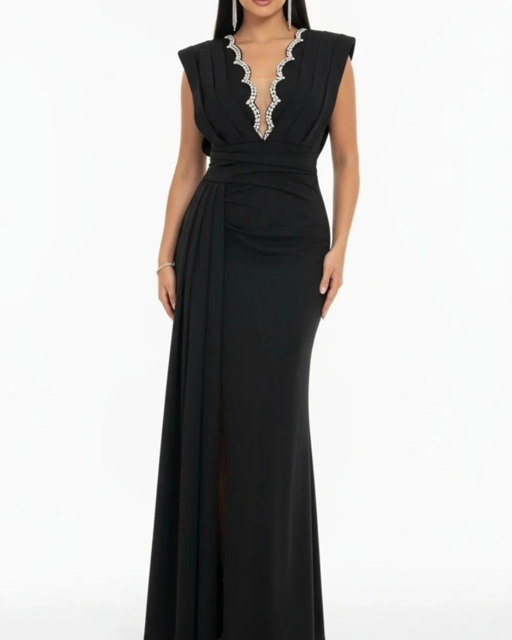 Customized Modern Style Classic Jersey Rhinestone Ruched Straight Party Dress Retro V-neck Sleeveless High Slit Evening Dresses