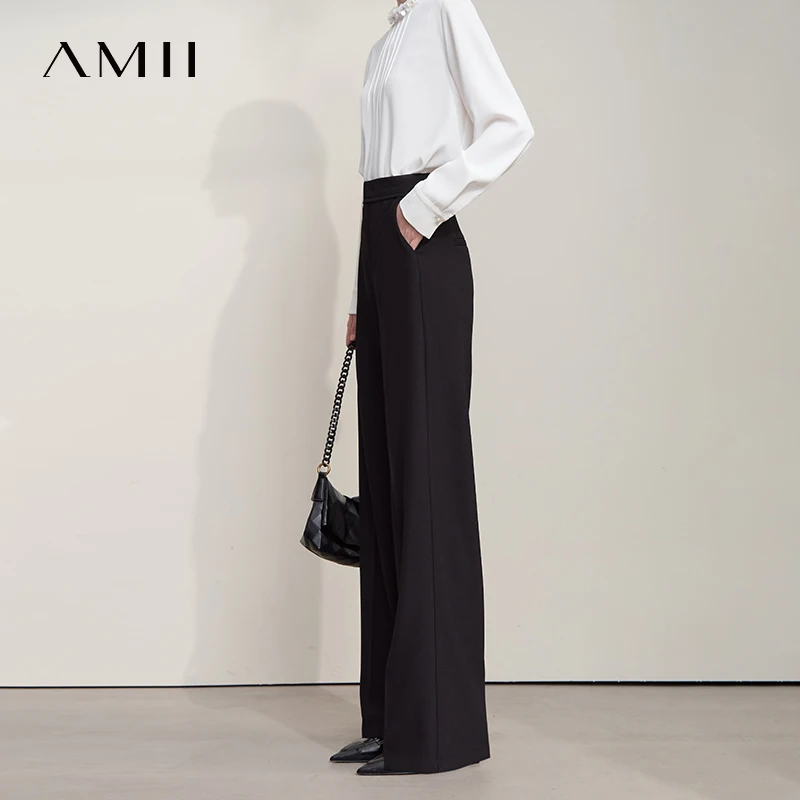 AMII Minimalistische Damen-Freizeithose 2025, Herbst, Pendeln, Business, luxuriöse schwarze Hose, leichte Stretch-Hose mit weitem Bein, 12553010