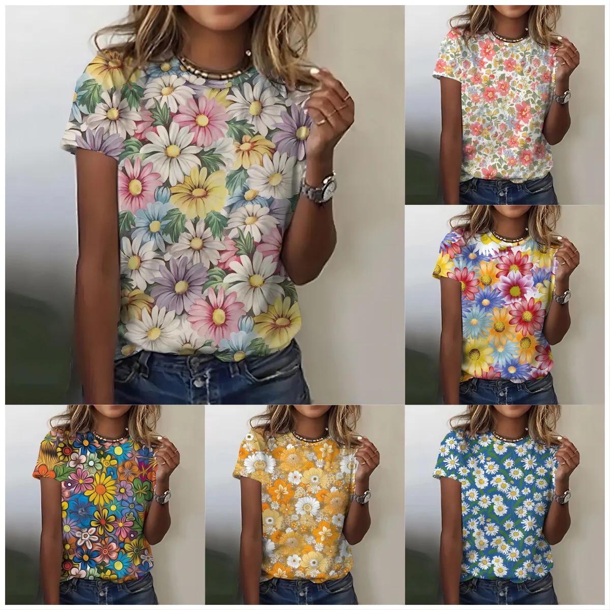 Summer fashion women's round neck T-shirt fresh little flower Harajuku suit O-neck top T-shirt 3D printed short-sleeved T-shirt