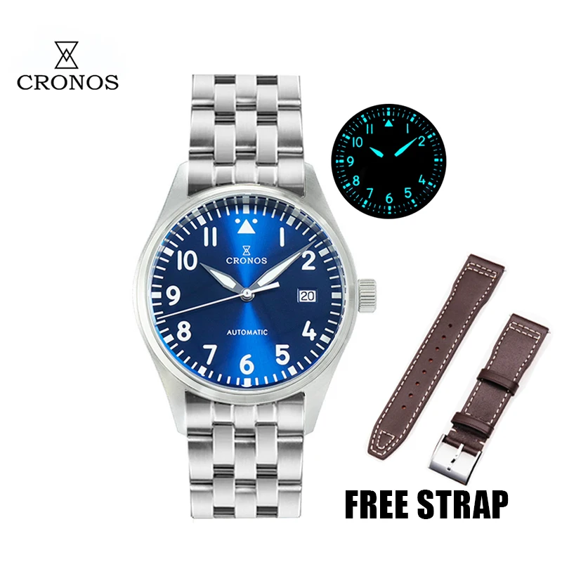 Cronos-Montre Pilot Flieger Mécanique pour Homme, Acier Inoxydable, Super Lum, Dôme, Saphir, Clip, Bracelet 5 Liens, L6012, 39mm