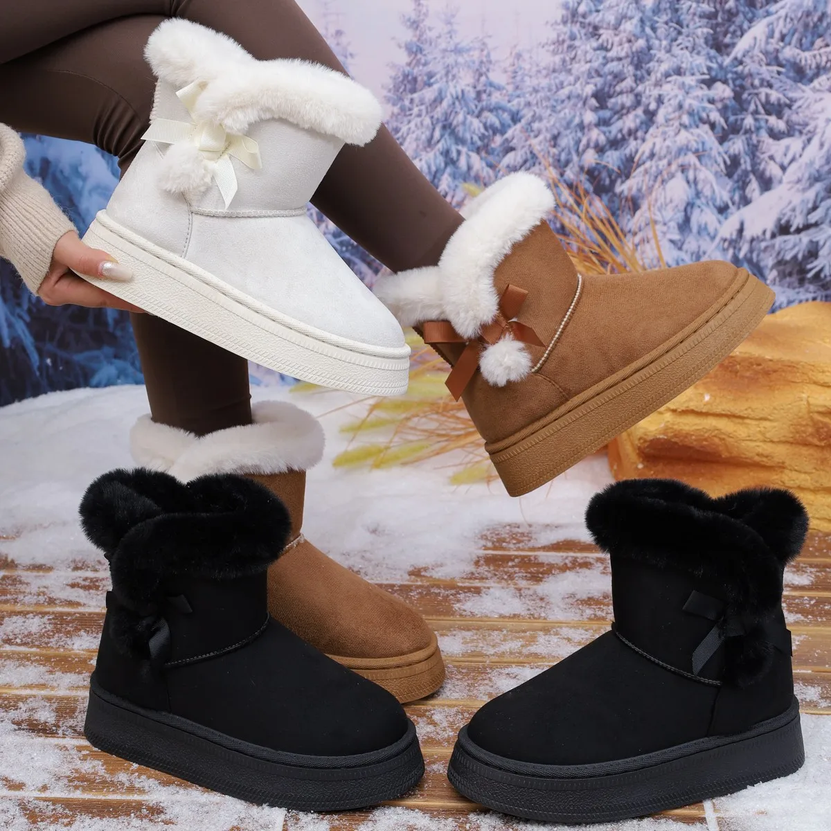

Thickened Fleece Lined Snow Boots Slip on Winter New Style Thick Bottom Fluffy Mouth Warm Large Size Cotton Shoes Rubber Sole