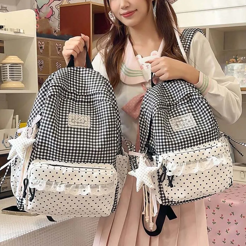 Korean Style Plaid Backpack Ruffle Design Lightweight Lace Schoolbag Pastel Color Multi Pockets Gingham Daypack Comic Con Otaku